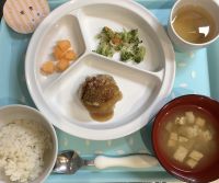 ハンバーグ常食みそ汁に畑のなすが入っています。