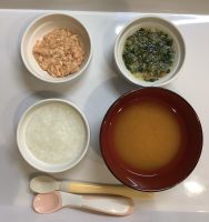 おかゆ、鮭のだし煮、野菜のくず、スープ離乳食中期畑の白菜を使っています。